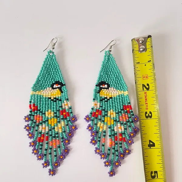 Handmade Colorful Beaded Dangle Earrings with bird and flowers 🌺 - Image 4