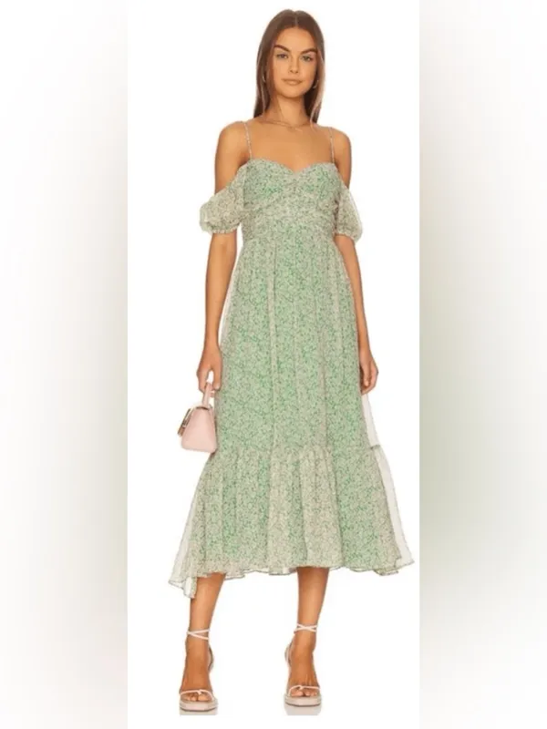 Bardot Fauna Midi Dress in Green Floral Cold Shoulder size Small US 4 $149 - Image 2