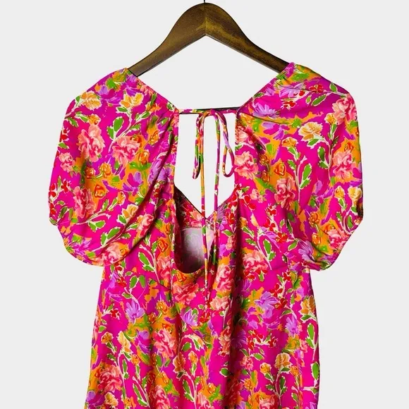 RESA Amber Floral Mini Dress‎ Size S Pink Puff Sleeve Open Back Tie - Image 8