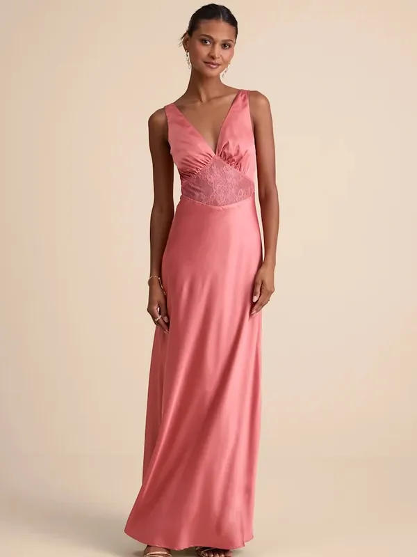 Lulu's Satin Maxi Dress in Rose Pink with Lace Waist - Image 4