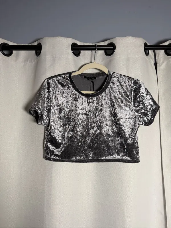 Dolls Kill Club Exx Sassy Solar Silver Crushed Velvet Crop Top Size Large - Image 5