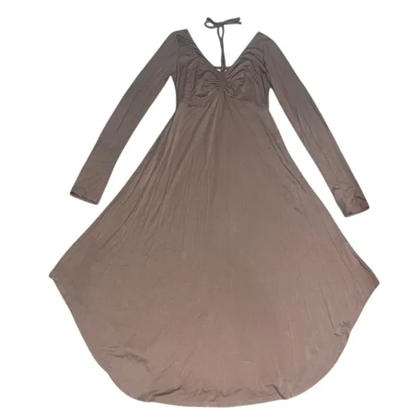 Sozy Soft Sarah Midi Dress Long Sleeve Ruched Bust‎ Thumbholes Brown Small - Image 3