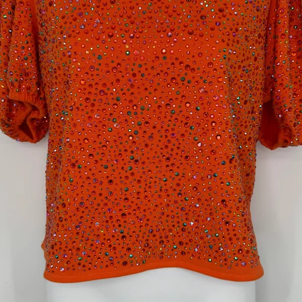 Queen of Sparkles Top XS Orange Rhinestone Puff Sleeve Square Neck Party‎ Bling - Image 4