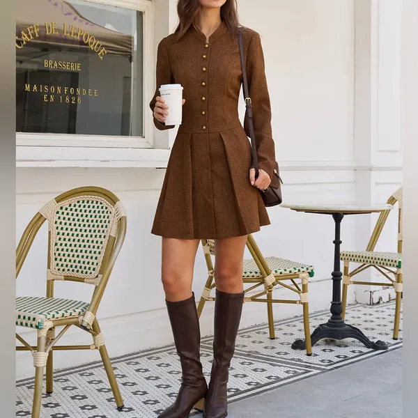 Rihoas Brown Ruched Button A-Line Mini Dress - Image 5