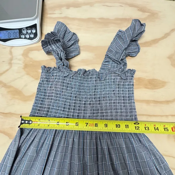 Hill House Ellie‎ Nap Dress XS Grey Blue Plaid Smocked Ruffle Midi Dress Picnic - Image 10