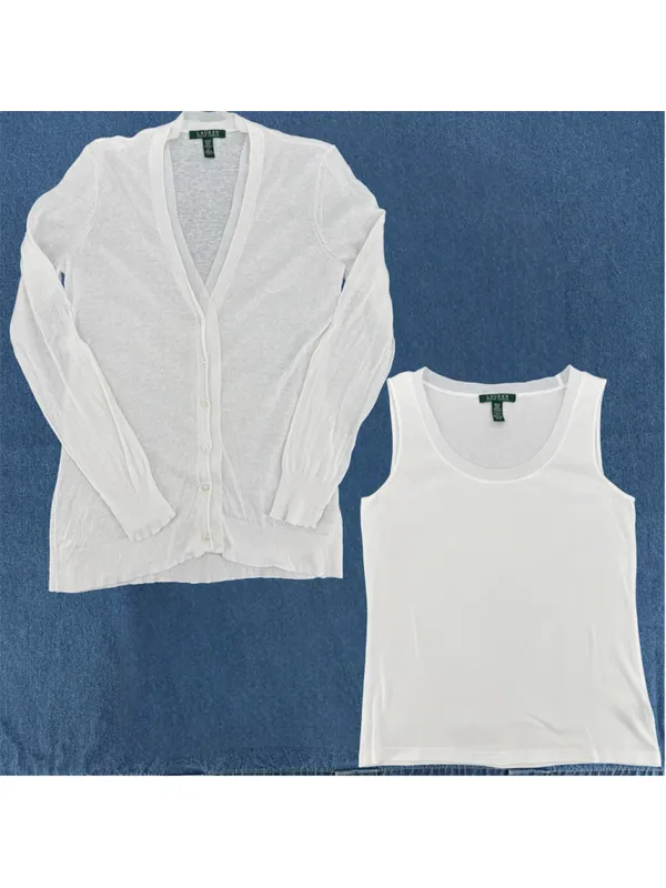 Lauren Ralph Lauren White Cardigan & Tank Top Set Linen Cotton Ribbon Trim Med - Image 2