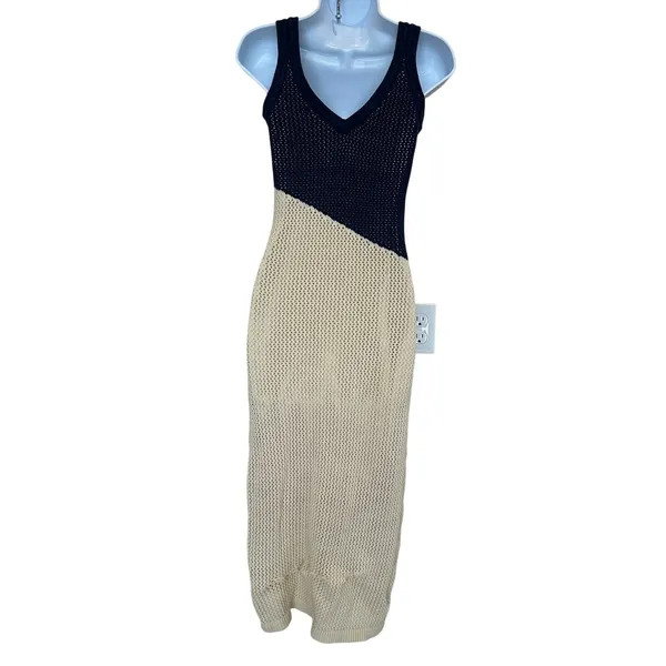 Toccin Blue Cream Crochet Midi Tank Dress SMALL Colorblock Knit Vacation $325 - Image 11