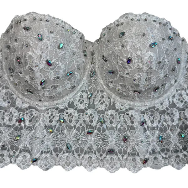 White Lace Bustier Crop Top Womens M Beaded Rhinestone Corset Cami Y2K Bridal - Image 15