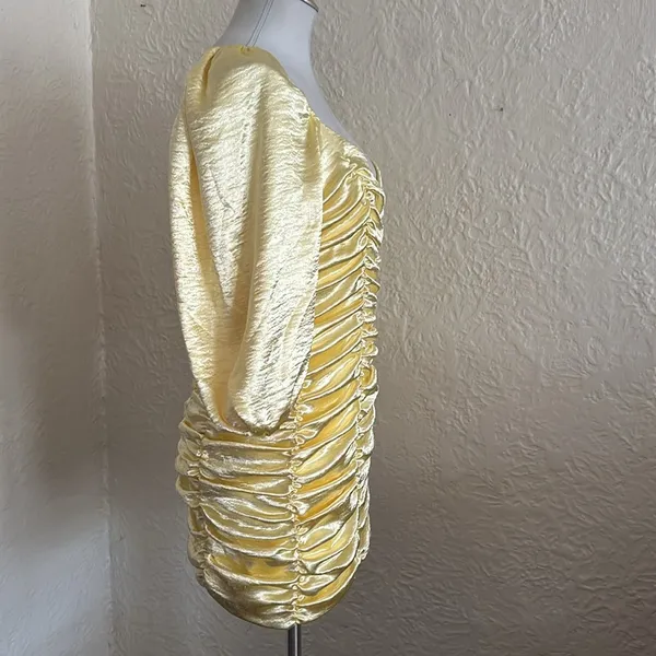 Lucy in the Sky Yellow Satin Ruched Puff Sleeve Mini Dress Belle of the Ball L - Image 8
