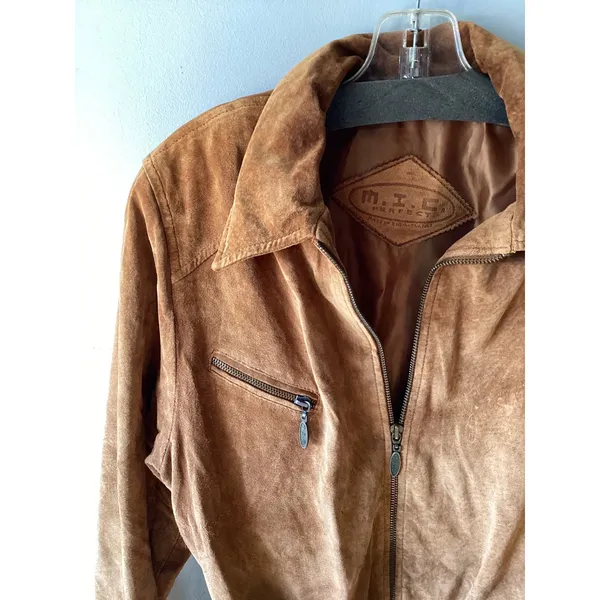 M.I.C Vintage Brown Suede Leather Safari Style Belted Zip Up Jacket M/L - Image 4