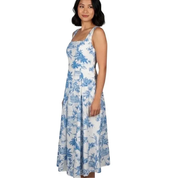 Joie White Midi linen blend beach Dress with Blue Botanical Print Size 6 - Image 2