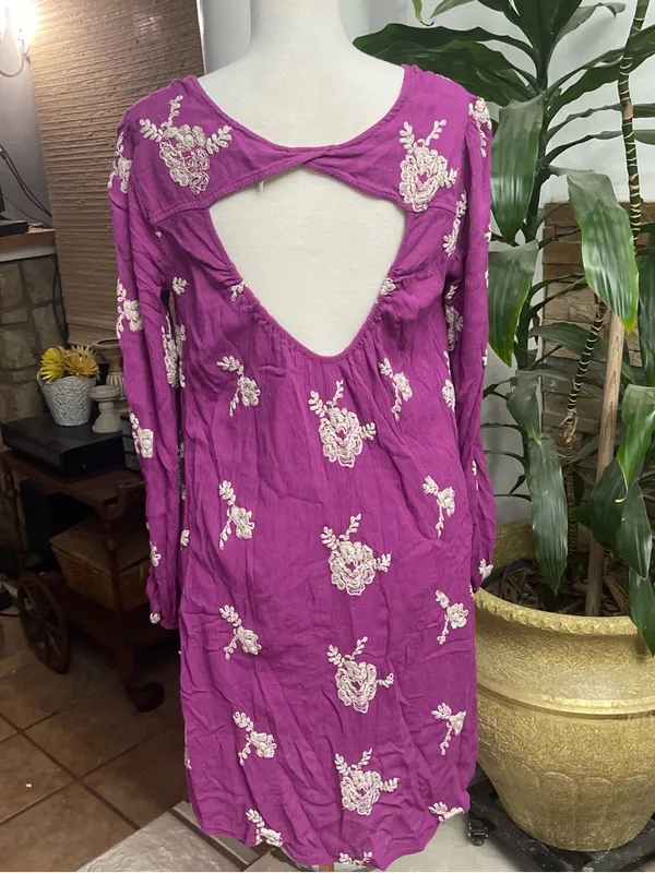 Free People Austin Plum Floral Embroidered Long Sleeve Mini Dress - Image 4