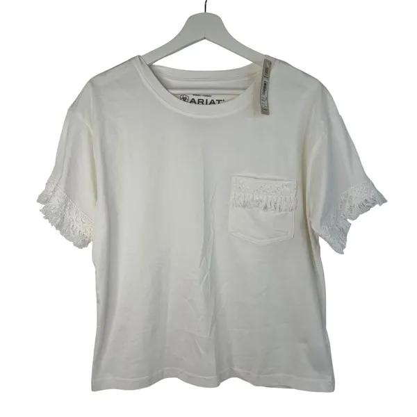 Ariat Size M Tassel Top Relaxed Fit Short Sleeve‎ Cloud Dancer Pullover Women's - Image 2
