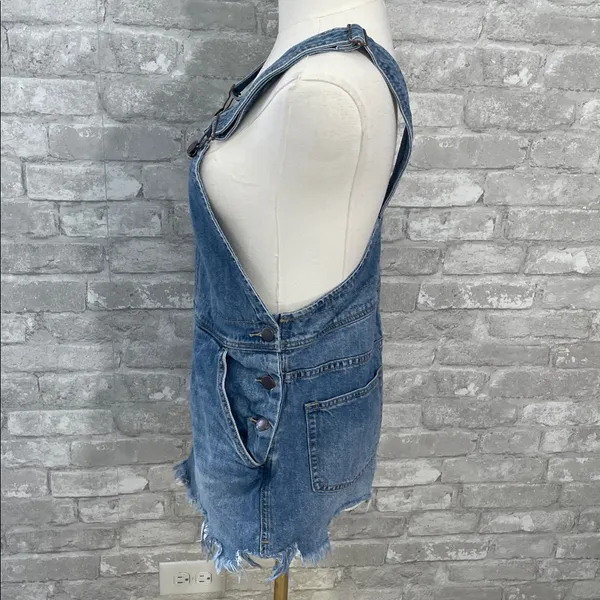Free People Blue Denim Distressed Overalls Dress - Image 4