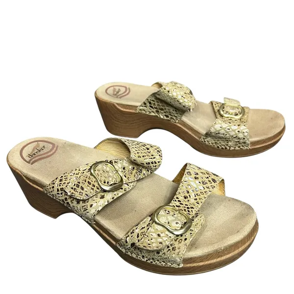 Dansko‎ Sophie Wedge Sandals 11-11.5 Beige Snakeskin Leather Slip On Clogs Shoes - Image 4