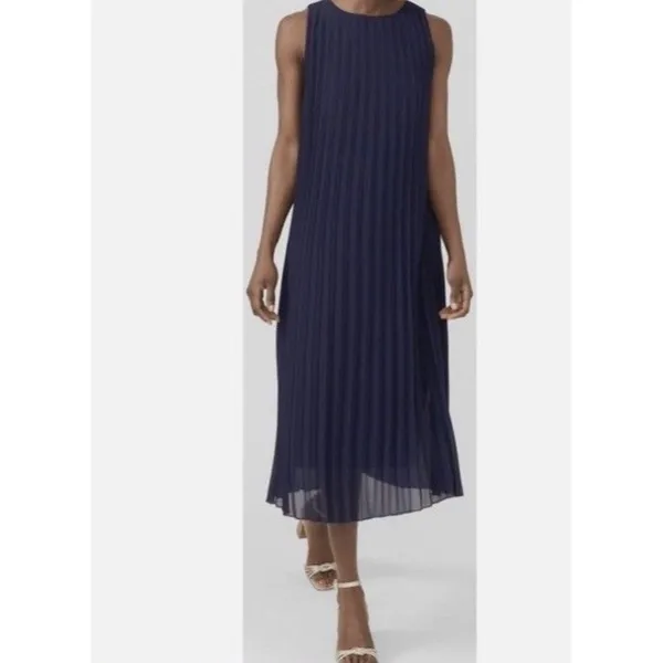 J. McLaughlin Sleeveless Pleated Midi Dress XS Navy Blue Lined Wedding Prom Chic - Image 2