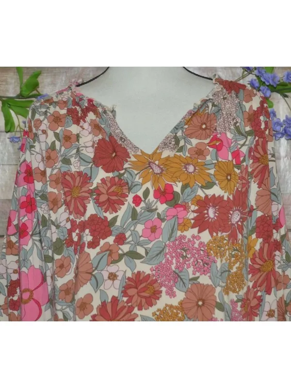 Entro Floral Blouse Womens Large 100% Rayon Boho Peasant V Neck Retro Mums - Image 3