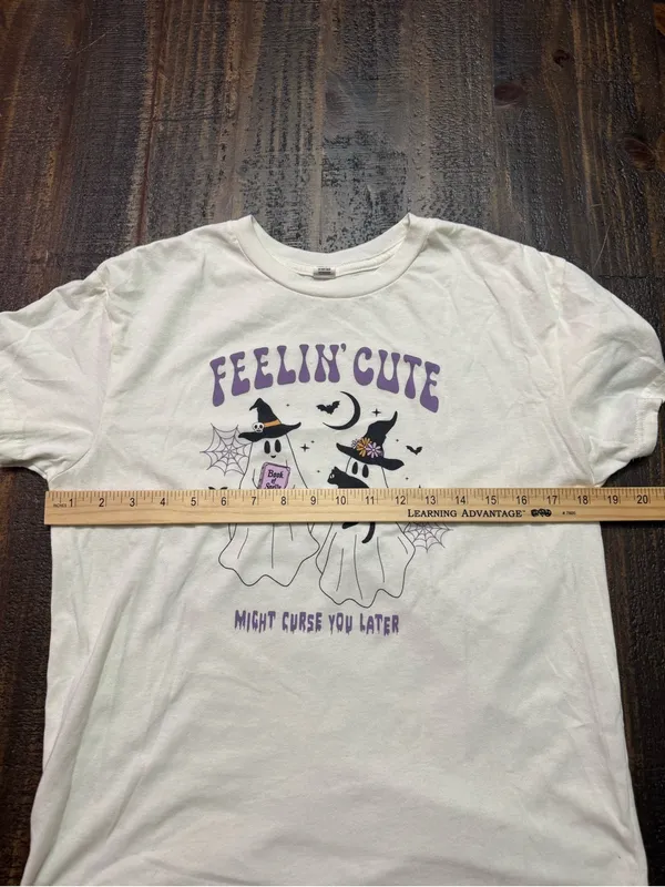 Feelin' Cute Halloween Ghost Graphic Tee - Off White & Purple - Image 5