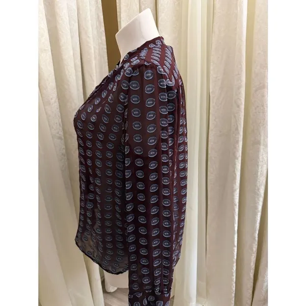 LOFT Plum Silk Sheer V-Neck Blouse with Slate Dot Print - Image 3