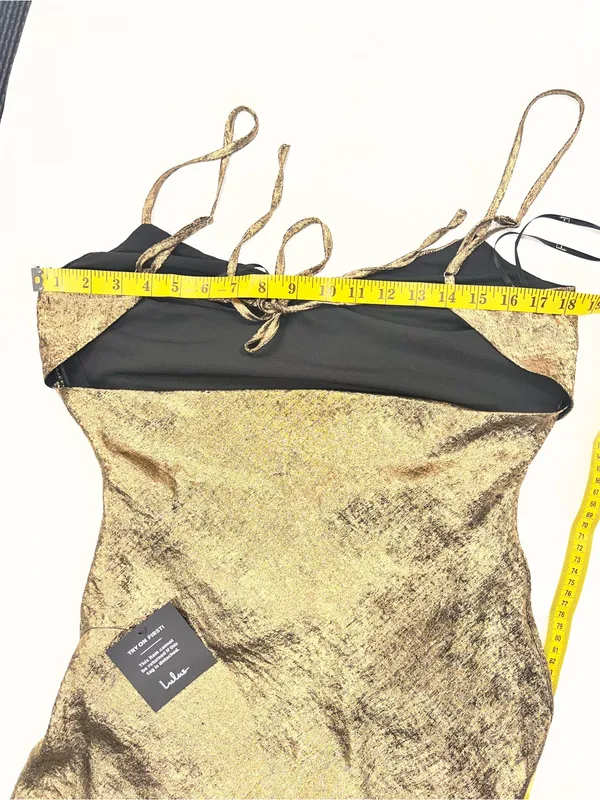 Lulu's Shimmery Satin Gold Cowl Back Slip Dress - Image 9