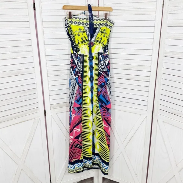 Alya Tribal Print Beaded Maxi‎ Halter Dress Neon Yellow Multicolor Small - Image 8