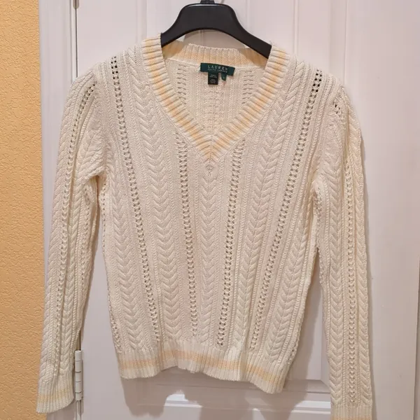 Lauren Ralph Lauren v-neck cable knit M cream, peach large, 100% cotton - Image 4