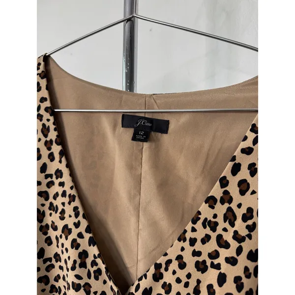 J.Crew Midi Dress Tan Leopard Print V-Neck Long Sleeve Button Front Size 12 - Image 3