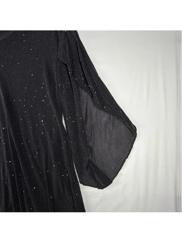 Black Metallic Sparkle V-Neck Dress Split Bell Sleeve Cocktail Party 0XL - Image 6
