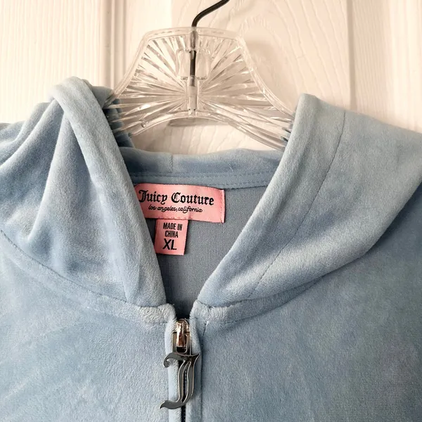 Juicy Couture Baby Blue Velvet Zipper Hoodie Jacket Pants Set Rhinestone Y2K XL - Image 9