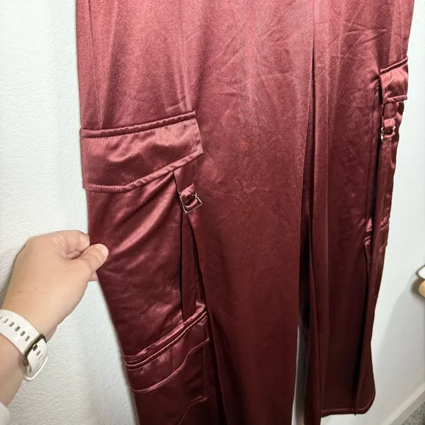 Persaya Women’s Wide Leg Satin Cargo Pants in Burgundy/Brown Size XL - Image 8