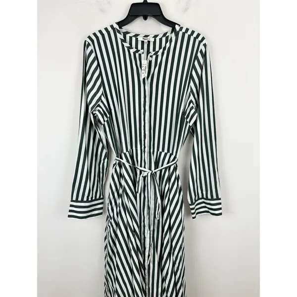 Madewell Tie Waist Midi Shirtdress in Stripe White Deep Forest Cotton US 10 NWT - Image 8