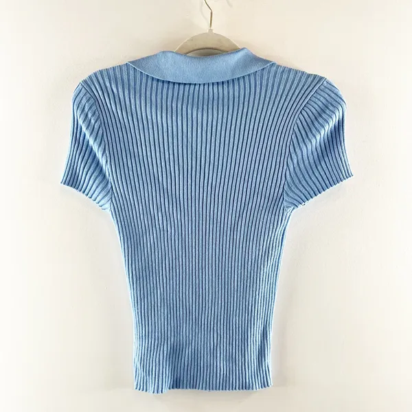 Abercrombie & Fitch Short Sleeve Double Zip Up Collared Polo Sweater Blue Medium - Image 3