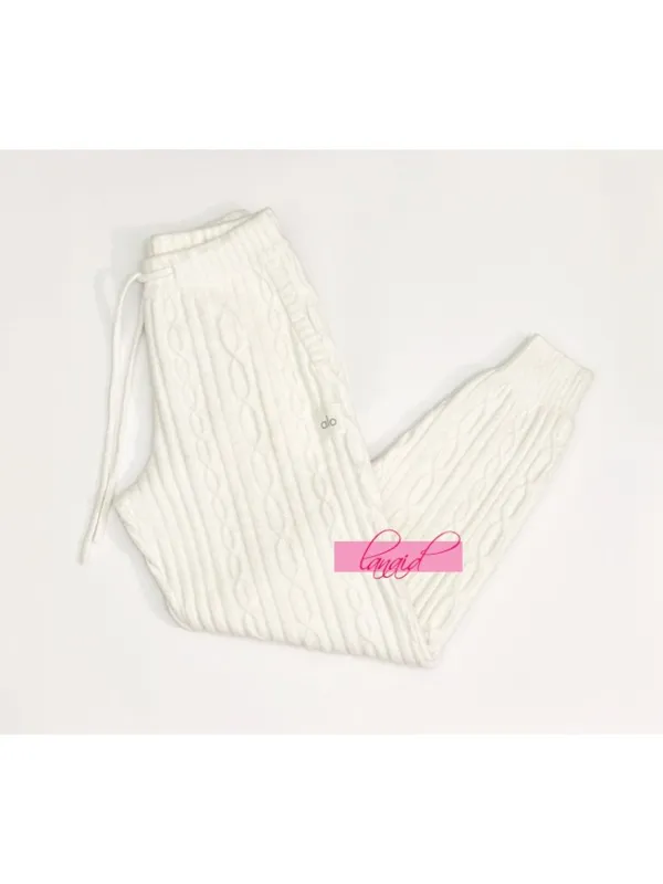 Alo Cable Knit Winter Bliss Pants Ivory High-Rise Waist Chunky Sweater Joggers S - Image 12