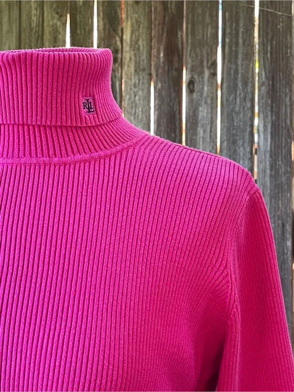 Lauren Ralph Lauren Raspberry Ribbed 100% cotton Turtleneck Sweater minimalist L - Image 2