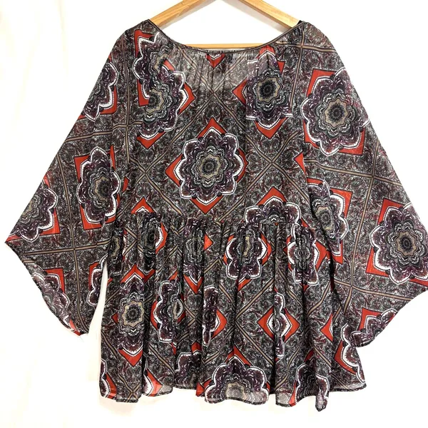 AB Studio Floral‎ Paisley Sheer Blouse Women's Large Boho Flared Hippie Babydoll - Image 2