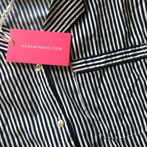 Isaac Mizrahi Navy Pinstripe 2Pc Pajama Set Sz Small Shorts Button Down SS Top - Image 6