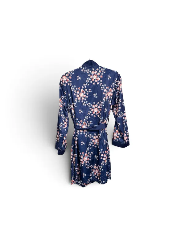 Morgan Lane Navy Blue Floral Satin Robe with Pink Blossoms - Image 4