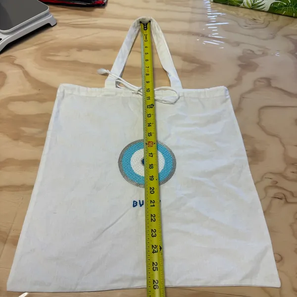 Buggy Cotton Tote Bag Embroidered Evil Eye Drawstring Tassel Blue Silver White - Image 7
