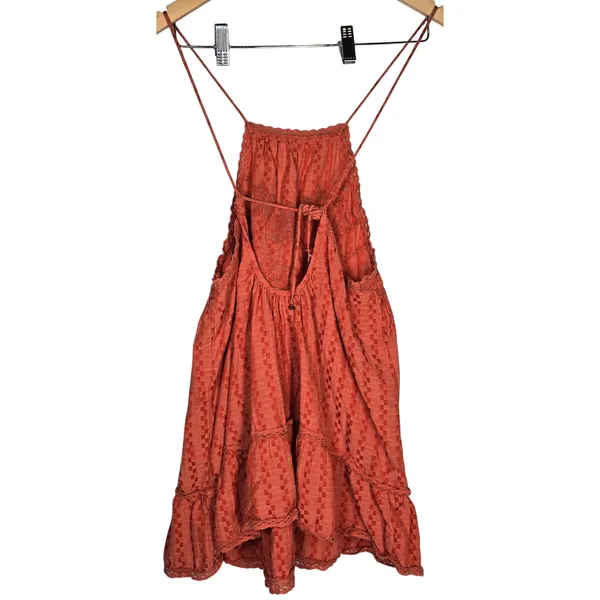Free People‎ Elisa Tunic Tank Top XS Coral Orange Lace Trim Halter Sleeveless - Image 2
