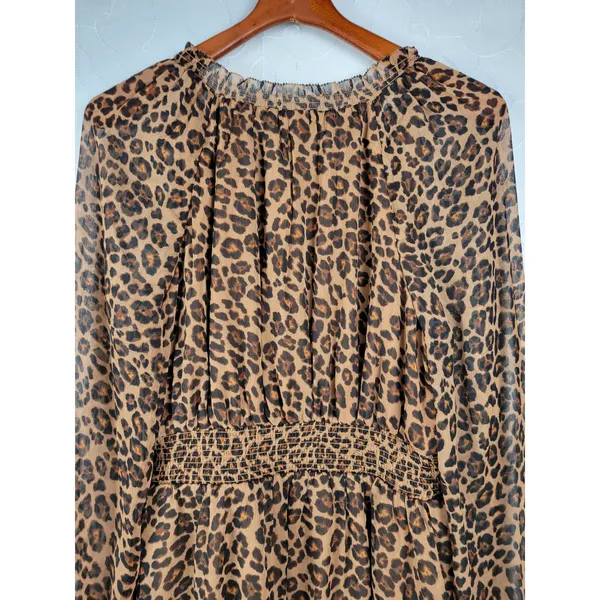 Old Navy Womens Dress Size S Tall Brown Chiffon Leopard Print V-neck Smocked NEW - Image 5