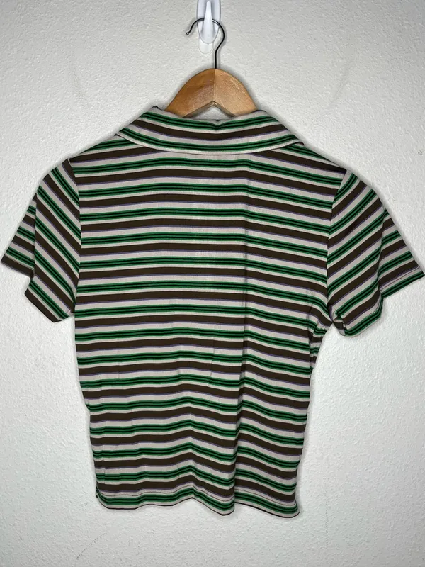 NEW Jaded London Mila Striped Short Sleeve Polo Shirt in Green Multi - Image 3