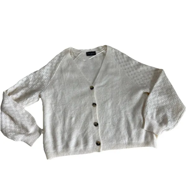 Lane Bryant V Neck Cardigan Pointelle Balloon Sleeve 14/16 1X Cream Twee Coquett - Image 8