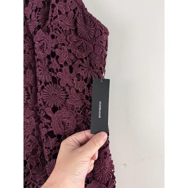 Lulus Love Poem Burgundy‎ Crochet Lace Halter Dress Mini Romancore NWT Small - Image 2