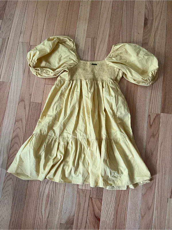 Billabong 100% Cotton Butter Yellow Puff Sleeve Babydoll Mini Dress Small Beach - Image 8