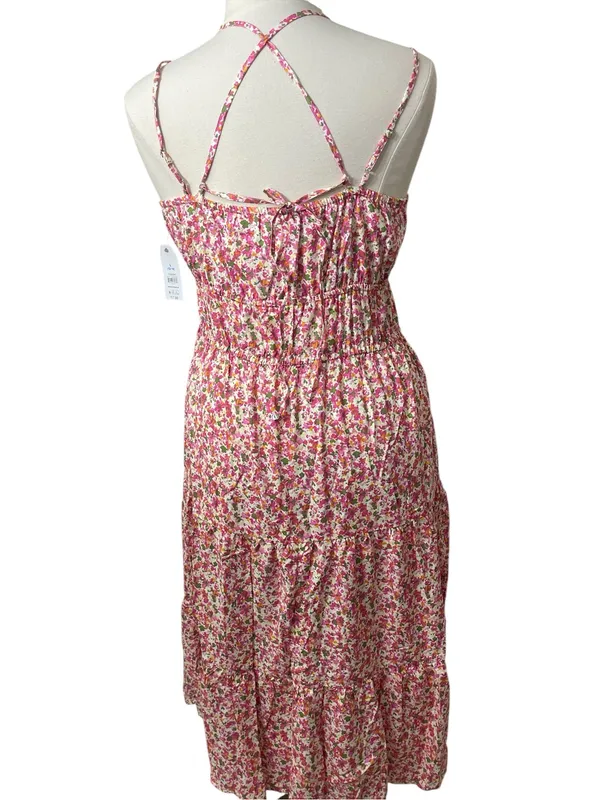 Feminine Time and Tru Pink Floral Spaghetti-Strap Cross Back Midi Tier Sundress - Image 4