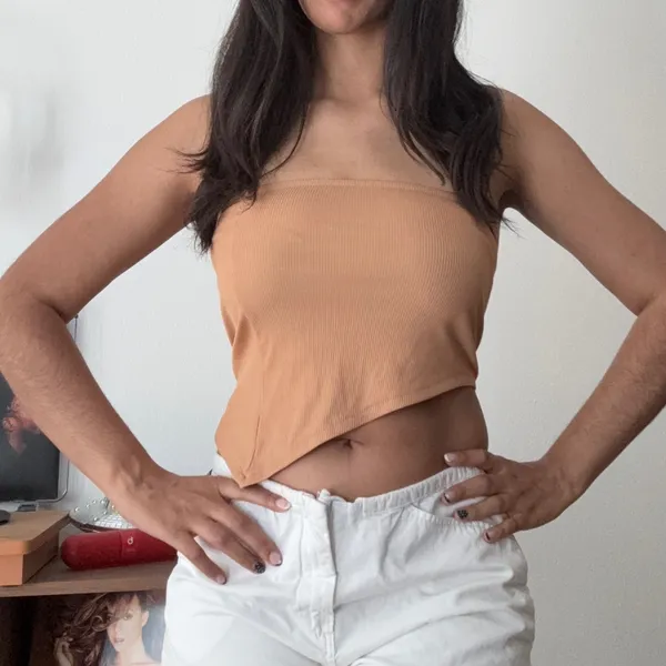 Tan Ribbed Asymmetrical Handkerchief Hem Tube Top Strapless Crop Top Small - Image 2