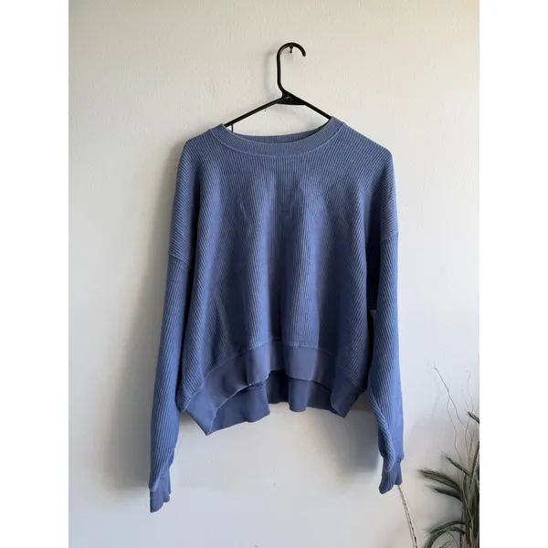 Aerie Womens Ribbed Knit Pullover‎ Sweater Dusty Blue Cotton Crew Neck Small - Image 2