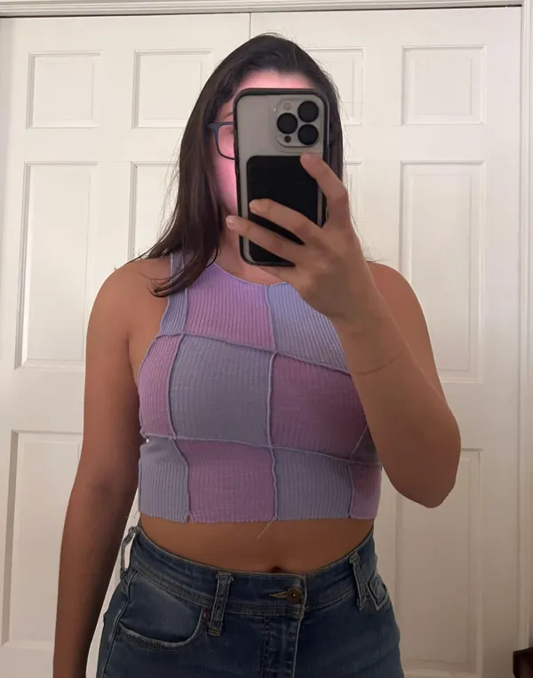Checkered Colorblock Raw Edge Crop Top - Image 2