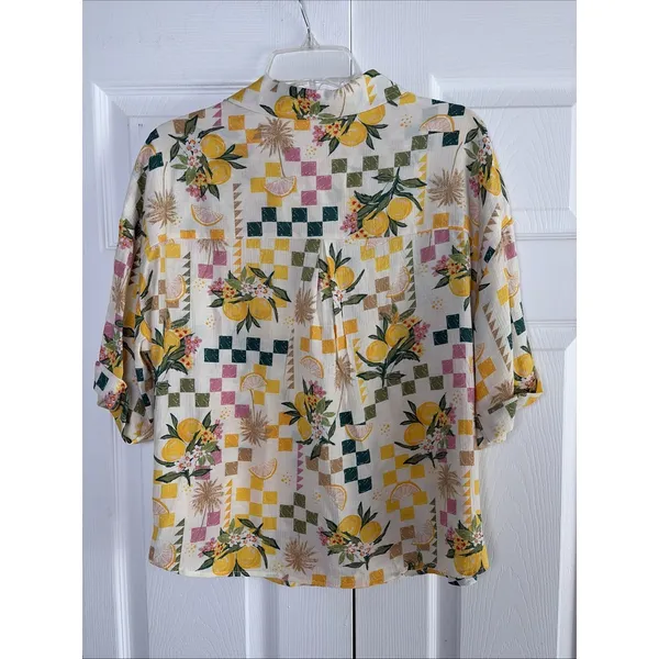 Bunulu Lemon Fruit Print Button Down Shirt Womens Size L Yellow Tropical Rayon - Image 5