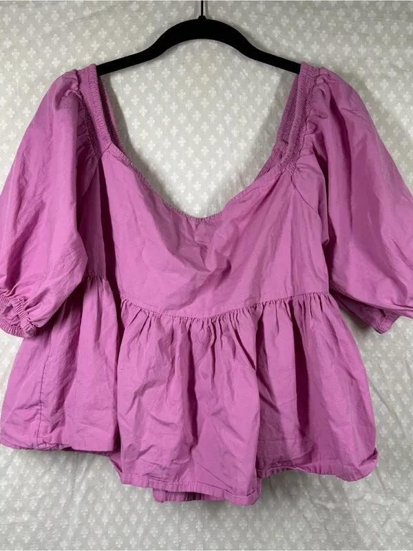 Free People Pink Short Puff Sleeve Veronica Button Front Peplum Babydoll Top - Image 5